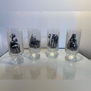 4 Antonio Gobeo 6.5" Frosted Animal Glass Tumblers: Tiger Elk Elephant Bear